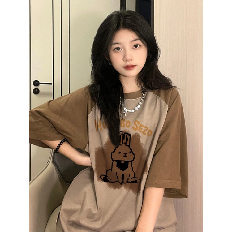 ♠☊Suhao kaos import wanita kaos wanita gaya korea lengan pendek kaos pendek perempuan American heavy brown raglan shoulder fake two-piece short-sleeved t-shirt summer rabbit splicing contrast color top design sense women