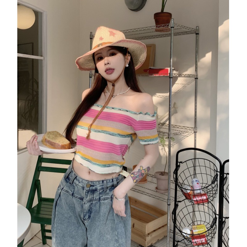 ►✹◘Suhao kaos import wanita kaos wanita korean style lengan pendek kaos pendek perempuan dopamine wear sweet style T-shirt new rainbow striped knitted short-sleeve women s sweet and spicy one-shoulder top short section