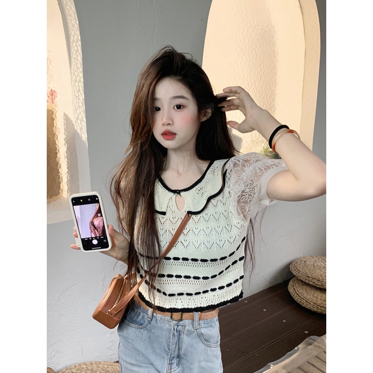 □Suhao kaos import wanita kaos wanita gaya korea lengan pendek kaos pendek perempuan gaya Perancis kecil wangi rajutan lengan pendek t-shirt wanita desain musim panas akal ceruk chic bahu depan puff lengan pendek