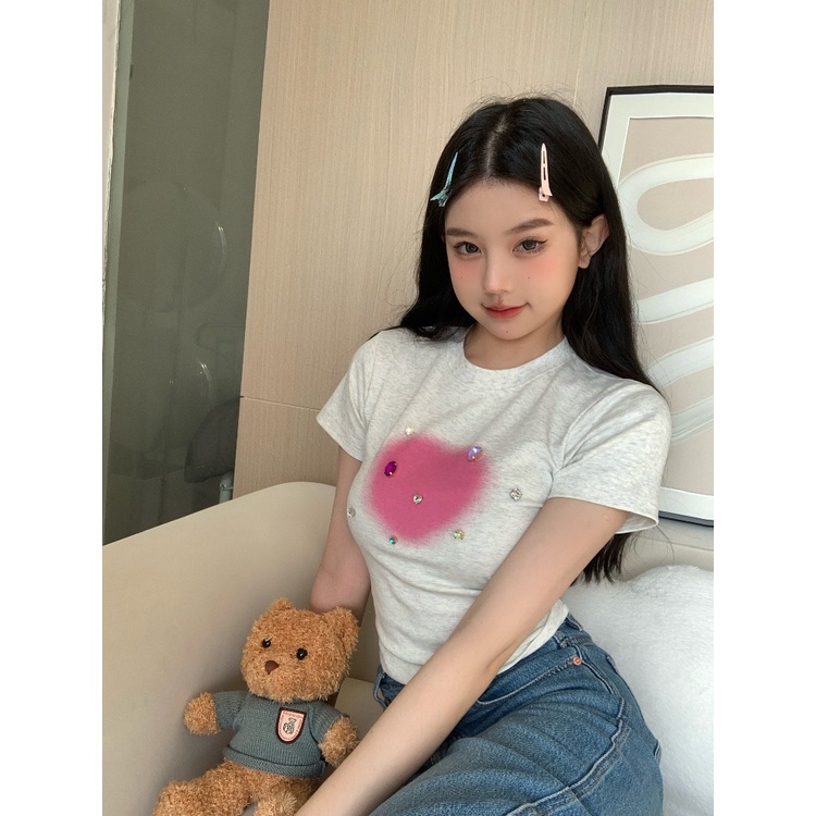 ☫▨Suhao kaos import wanita kaos wanita gaya korea lengan pendek kaos pendek perempuan American hot girl front shoulder short-sleeve t-shirt women s summer pure cotton design feeling niche slim fit tight tight short top