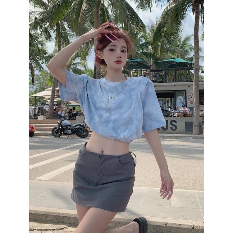 ✔Suhao kaos import wanita kaos wanita gaya korea lengan pendek kaos pendek perempuan light blue tie-dye drawstring short t-shirt female design sense niche sweet and spicy style high waist chic short-sleeve top ins trend