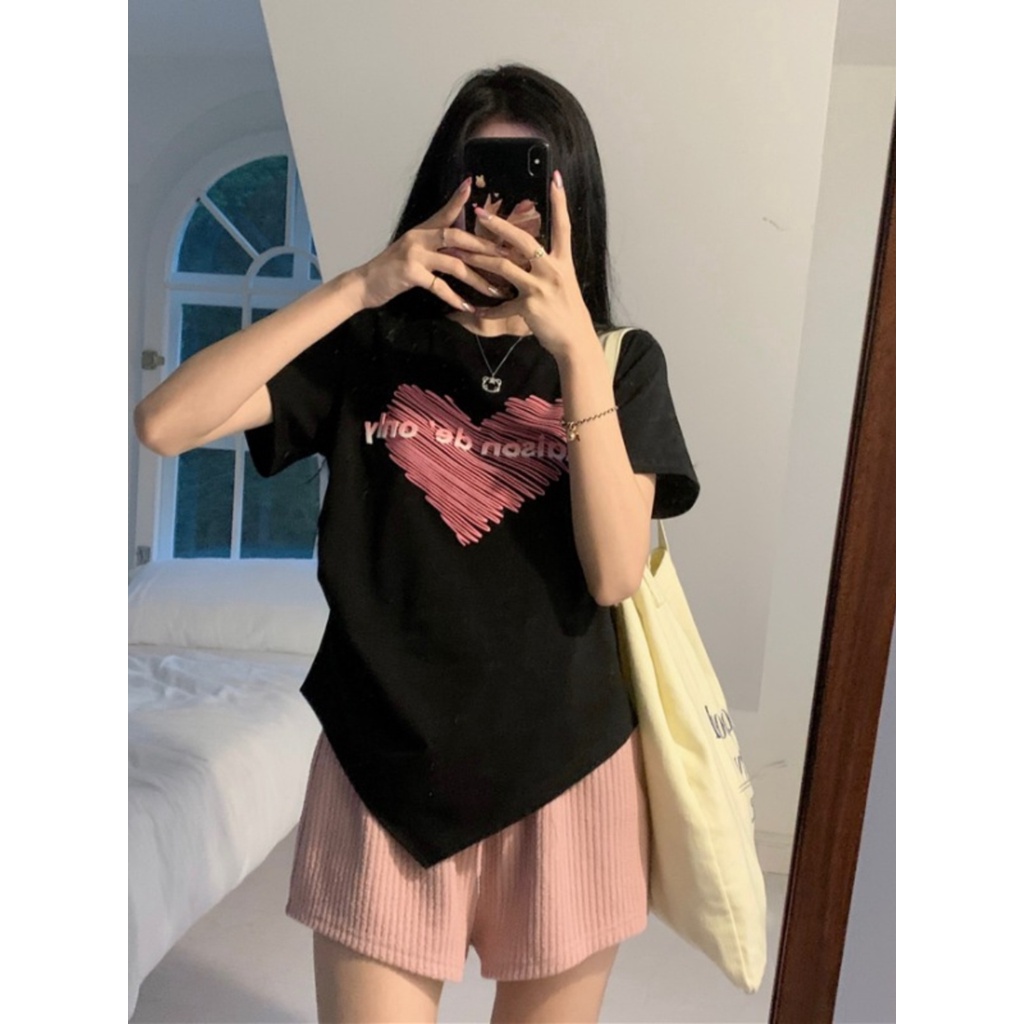 ✧✉Suhao kaos import wanita kaos wanita gaya korea lengan pendek kaos pendek perempuan gaya amerika putih bahu depan t-shirt lengan pendek wanita desain musim panas ceruk tidak teratur hot gadis ramping setengah lengan atas musim panas