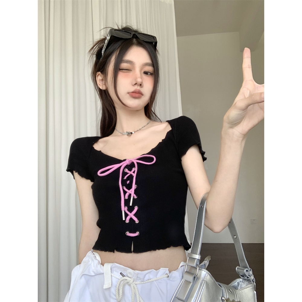 ☑✲▫Suhao kaos import wanita kaos wanita gaya korea lengan pendek kaos pendek perempuan Chic short sweet and spicy top design sense niche female summer drawstring strap hot girl style front shoulder short-sleeved T-shirt