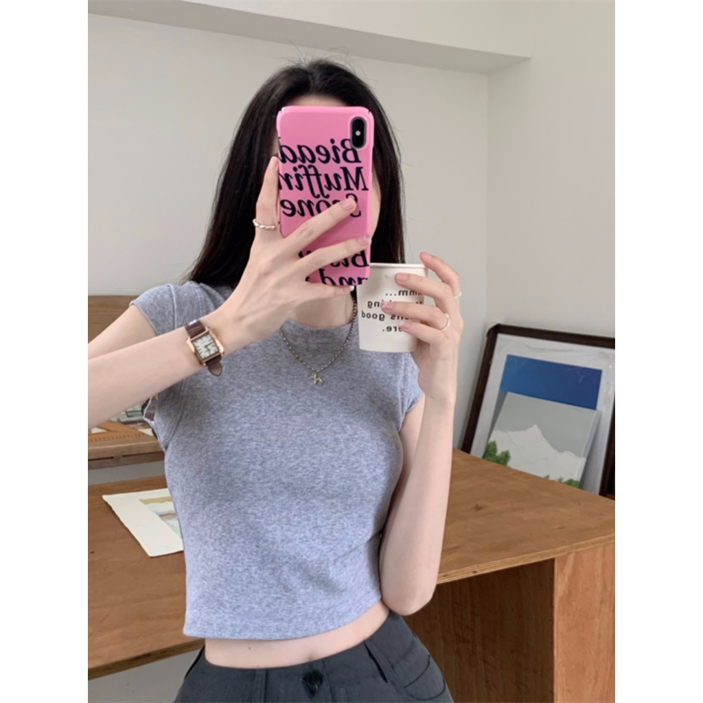 ஐ▧Suhao kaos import wanita kaos wanita gaya korea lengan pendek kaos pendek perempuan lengan terbang kecil American style front shoulder short top women s summer design feeling slim fit tight grey short-sleeved T-shirt