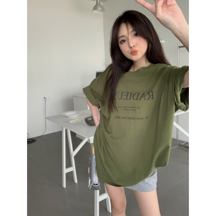 ✶∋✜Suhao kaos import wanita kaos wanita gaya korea lengan pendek kaos pendek perempuan American retro round neck loose shoulder short-sleeve t-shirt women s summer letter print chic niche design top