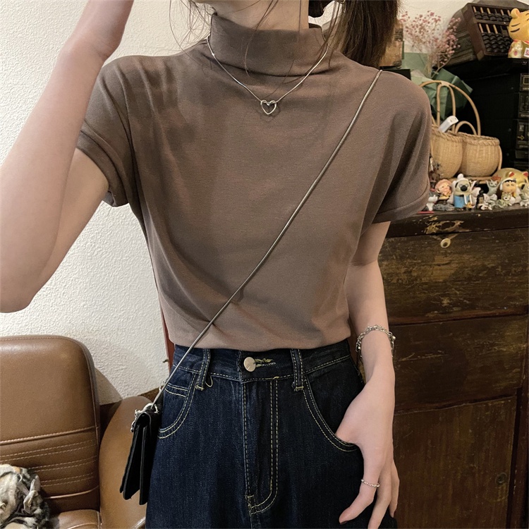 ►Suhao kaos import wanita kaos wanita gaya korea lengan pendek kaos pendek perempuan katun putih bahu depan setengah tinggi kerah lengan pendek t-shirt wanita musim panas French unique chic pure desire inner layer top