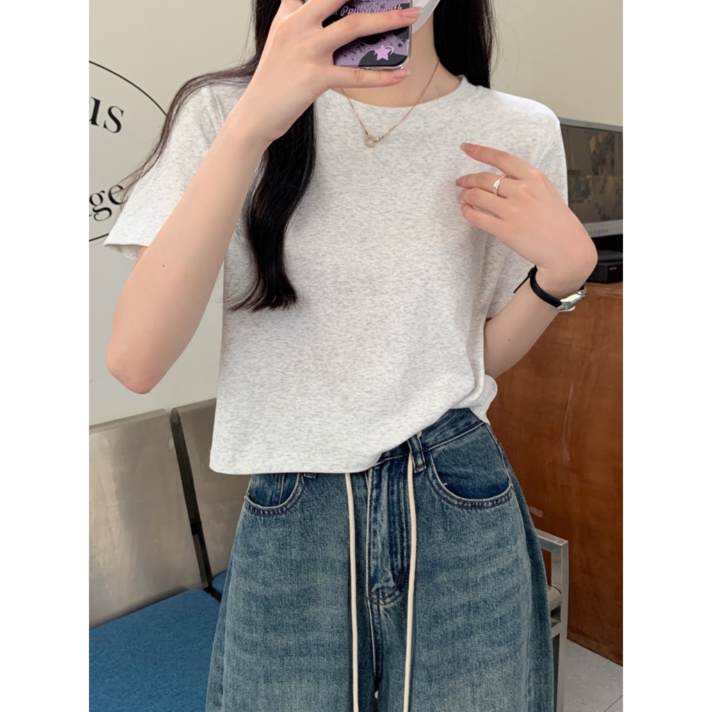 ❃Suhao kaos import wanita kaos wanita gaya korea lengan pendek kaos pendek perempuan American retro cotton shoulder women s t-shirt short-sleeved summer 2023 new cotton all-match high waist short top