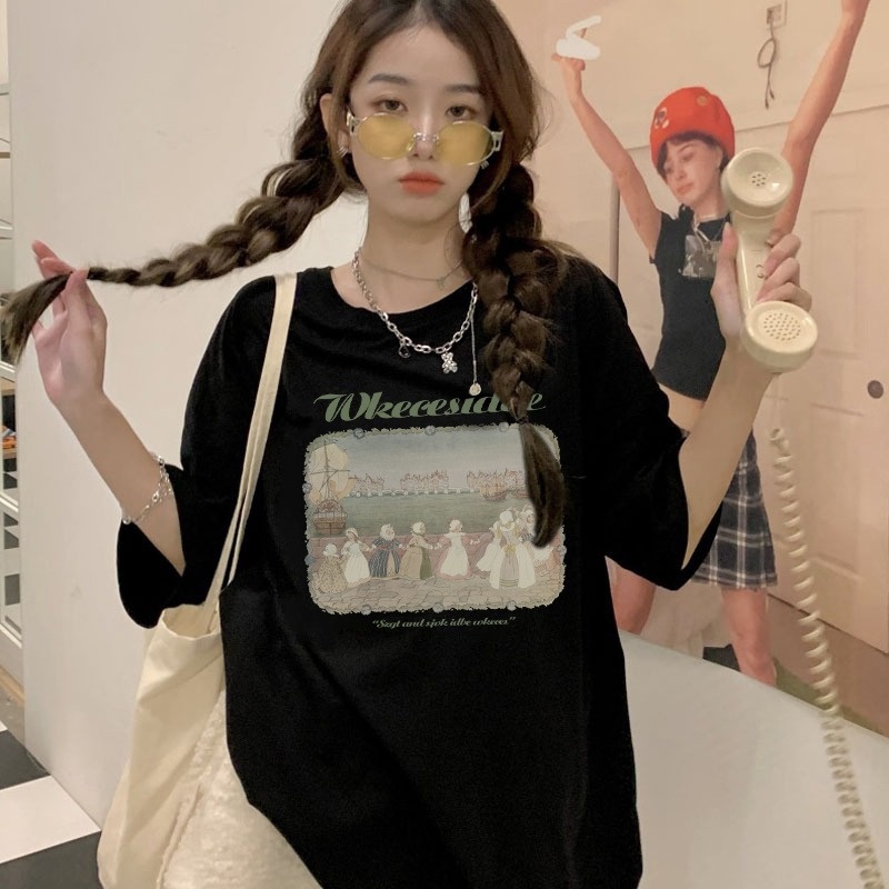 ☇☏▥Suhao kaos import wanita kaos wanita gaya korea lengan pendek kaos pendek perempuan American retro vintage katun lengan pendek t-shirt wanita musim panas pasangan kualitas tinggi longgar ceruk ukuran besar tren teratas