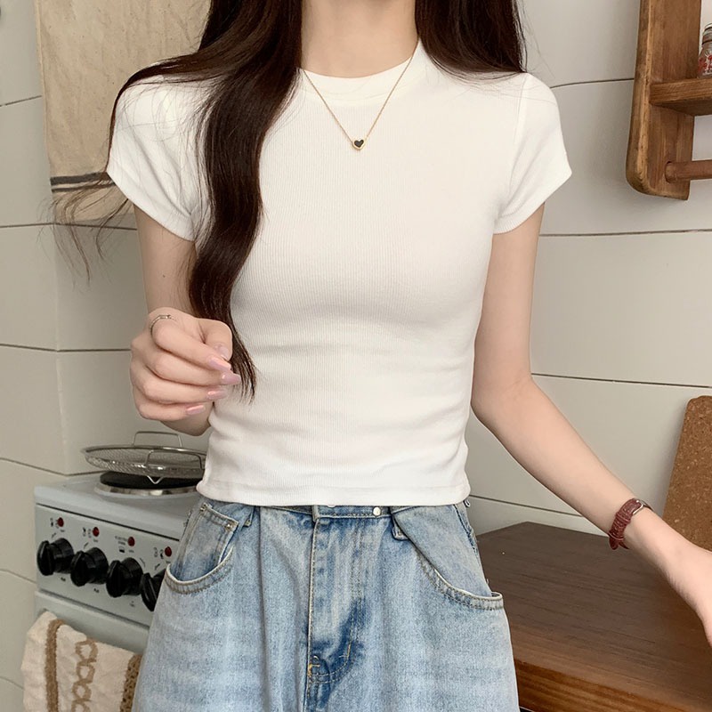 ☑✎Suhao kaos import wanita kaos wanita gaya korea lengan pendek kaos pendek perempuan murni keinginan pendek ketat hot girl t-shirt lengan pendek wanita musim panas baru retro merah putih chic Hong Kong rasa ins top