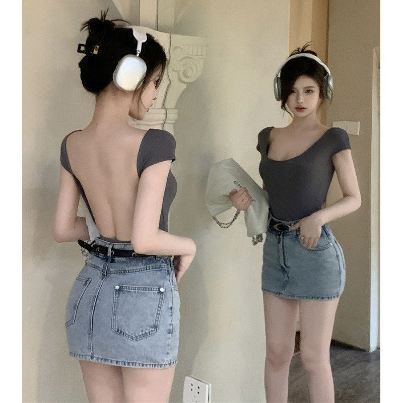 ■Suhao kaos import wanita kaos wanita gaya korea lengan pendek kaos pendek perempuan sweet and cool hot girl sexy backless square collar short-sleeve t-shirt women s summer tight and thin niche design pure desire top