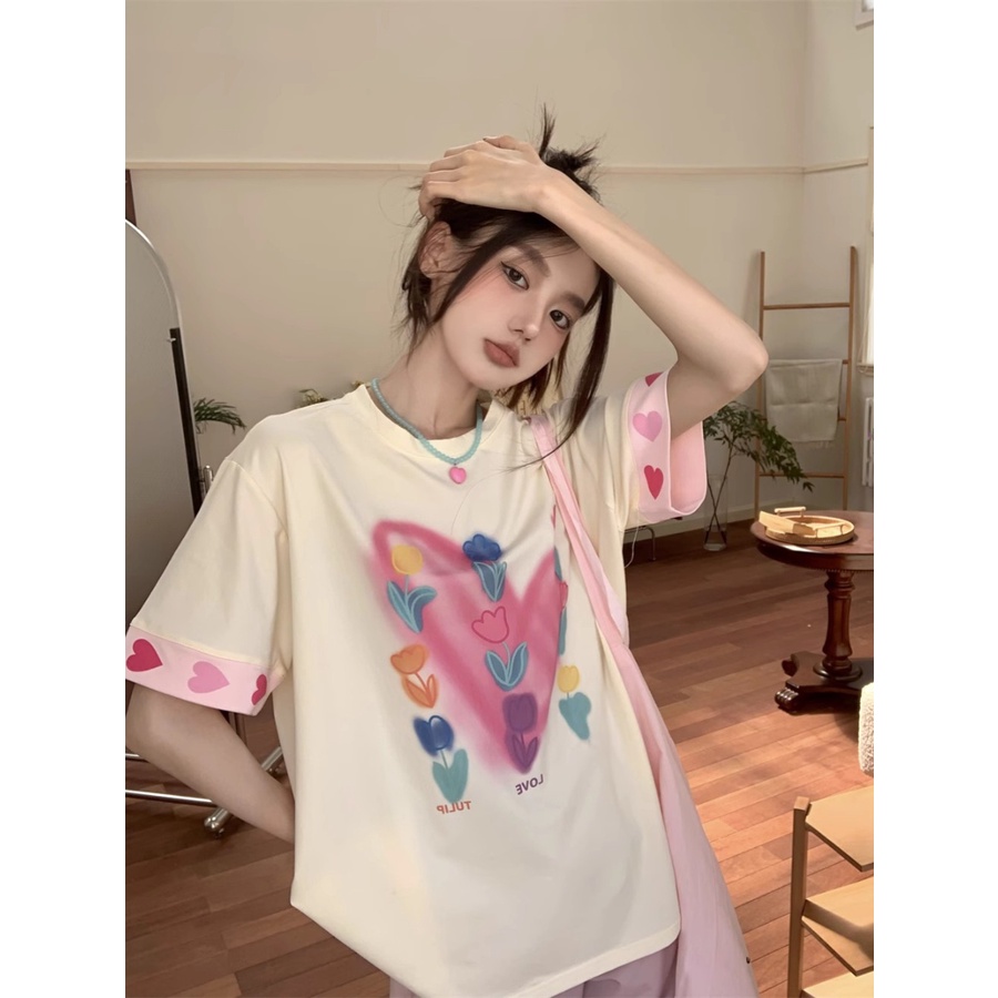 ✻☒♚Suhao kaos import wanita kaos wanita gaya korea lengan pendek kaos pendek perempuan smudged love cetak lengan pendek t-shirt wanita musim panas longgar all-match kasual setengah panjang setengah lengan T-shirt tops in