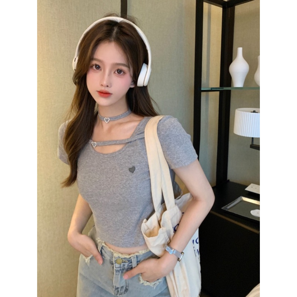 ⊙❉✱Suhao kaos import wanita kaos wanita gaya korea lengan pendek kaos pendek perempuan merah halter leher lengan pendek t-shirt wanita musim panas manis hot gadis pinggang tinggi terkena pusar slim fit pendek leher bulat top