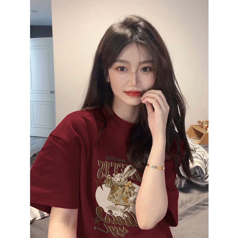 ✥Suhao kaos import wanita kaos wanita gaya korea lengan pendek kaos pendek perempuan katun kelas berat American retro lengan pendek t-shirt wanita 2023 baru musim semi dan musim panas desain rasa niche longgar top