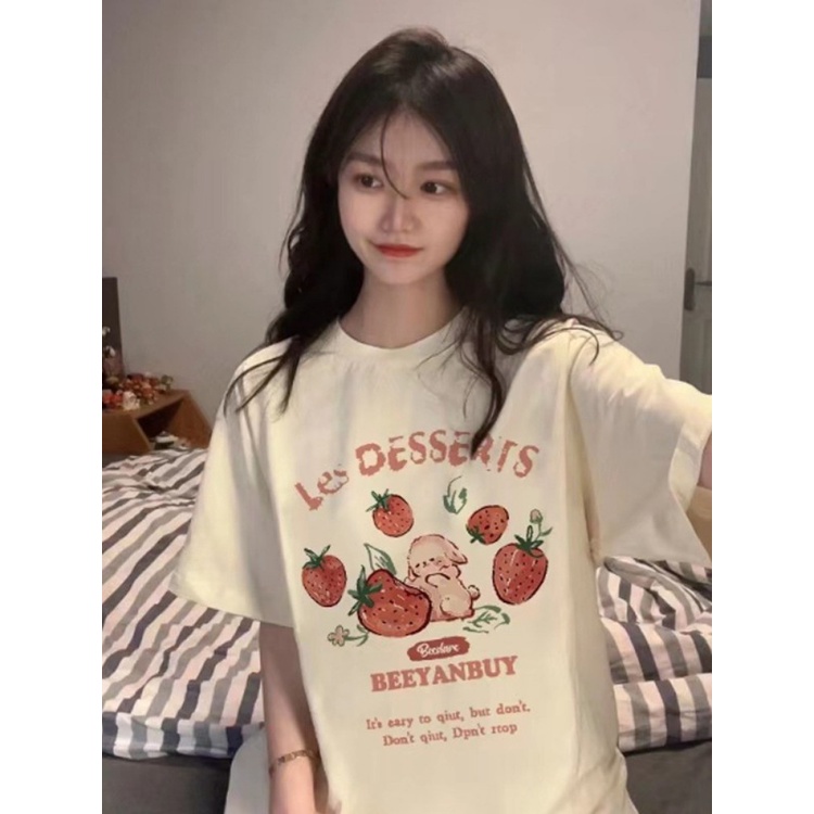 ▲Suhao kaos import wanita kaos wanita gaya korea lengan pendek kaos pendek perempuan hitam dan merah muda lengan setengah bahu depan lengan pendek kartun t-shirt wanita musim panas kecil T-shirt design sense small many papamine tops