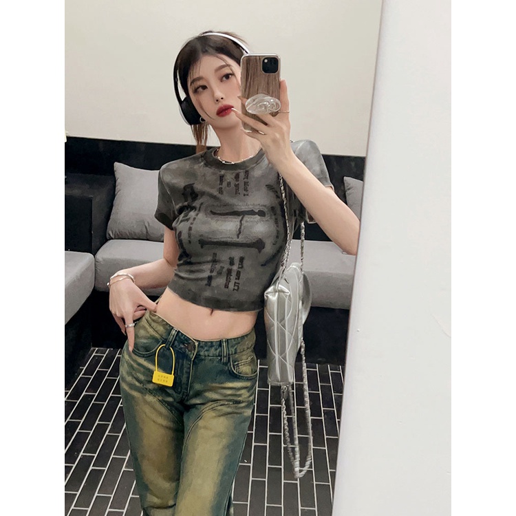 ❦✚✽Suhao kaos import wanita kaos wanita korean style lengan pendek kaos pendek perempuan American style retro grey tie-dye front shoulder short-sleeve t-shirt women s summer summer hot girl short tight slim fit top