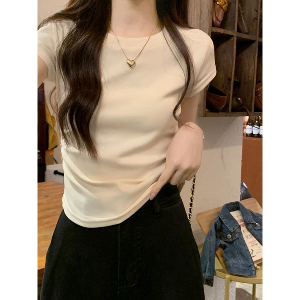 ☃✈Suhao kaos import wanita kaos wanita gaya korea lengan pendek kaos pendek perempuan bahu depan slim fit high waist short-sleeve t-shirt female design sense niche small flying sleeves shirring waist short top summer