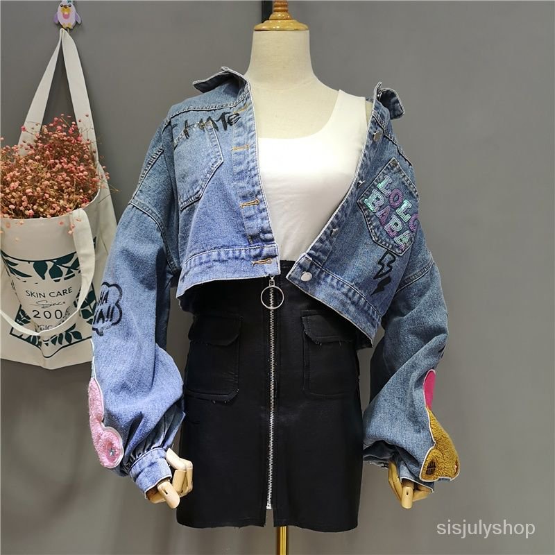 [✅BISA COD] #Sisjuly# Jaket jaket biker baru wanita / jaket pendek kasual cetak wanita / jaket denim