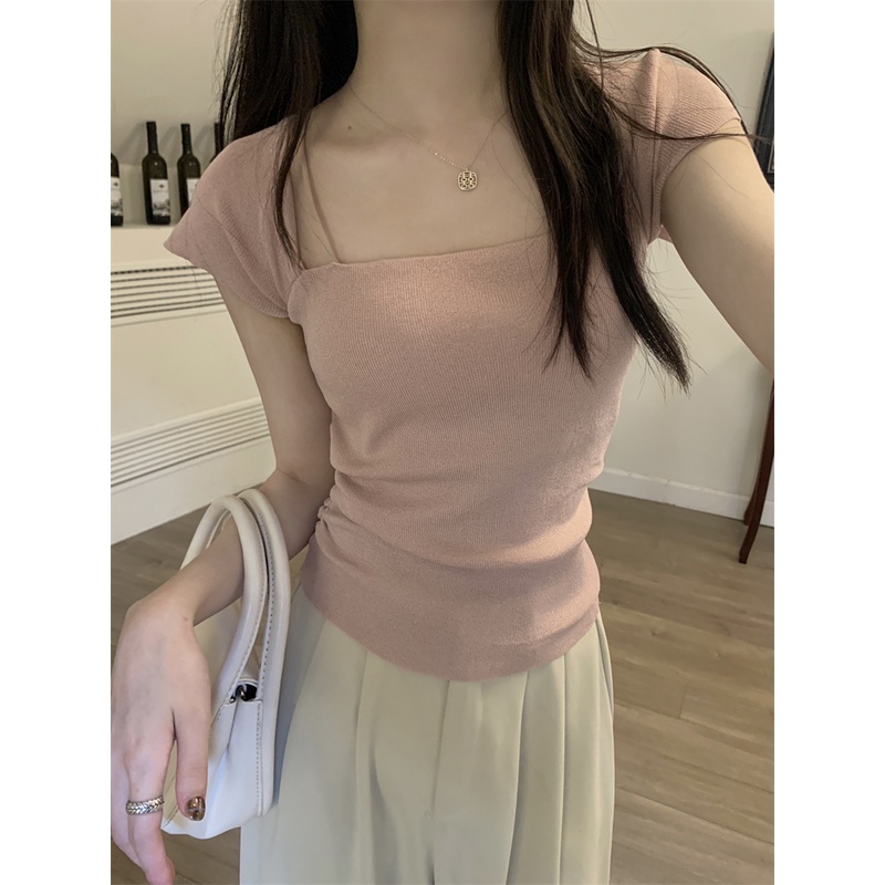 ♨﹉Suhao kaos import wanita kaos wanita gaya korea lengan pendek kaos pendek perempuan Irregular pink square collar ice silk knitted short-sleeve t-shirt women s summer large neckline tight short section small flying sleeve top