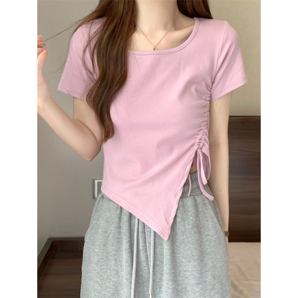 ☊❣⊕Suhao kaos import wanita kaos wanita gaya korea lengan pendek kaos pendek perempuan Irregular slit short sweet and spicy top women s summer design sense niche French square collar front shoulder short-sleeved T-shirt