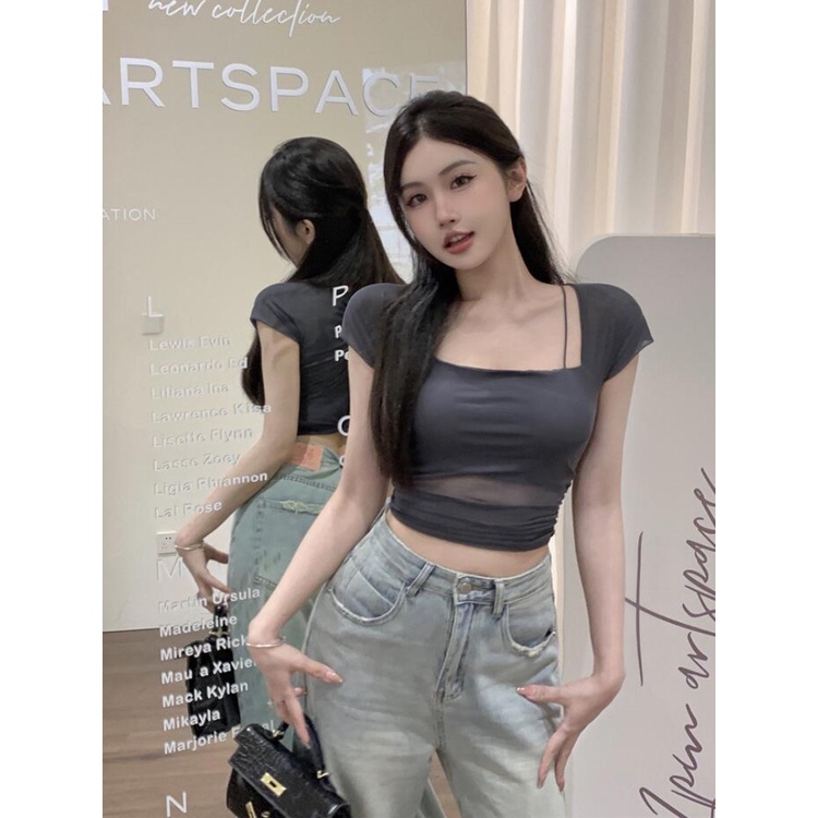 ☁❦⊕Suhao kaos import wanita kaos wanita korean style lengan pendek kaos pendek perempuan white square tie chest pad mesh kasa bahu depan short-sleeved t-shirt women s summer hot girl pure desire slim cropped crop top
