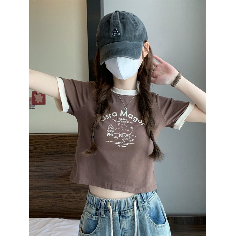 ♕❀◘Suhao kaos import wanita kaos wanita gaya korea lengan pendek kaos pendek perempuan American retro warna kontras bagian pendek dicetak tinggi pinggang depan bahu T-shirt wanita musim panas lengan pendek rasa desain Ins Korea atasan trendi