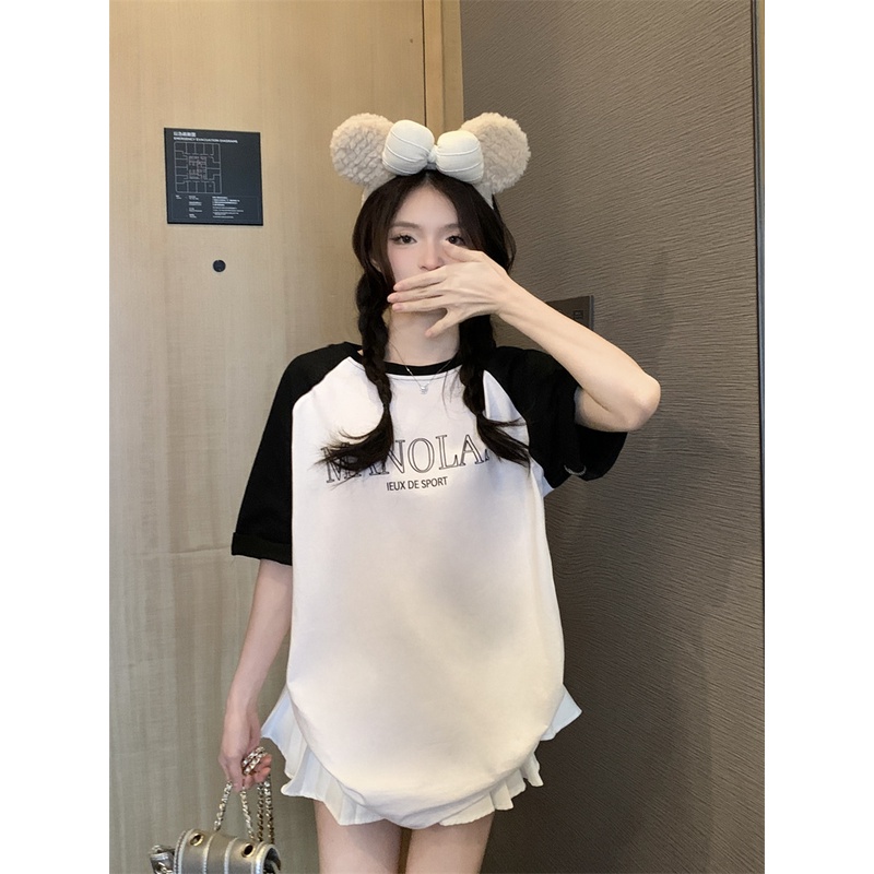 ▨◙☋Suhao kaos import wanita kaos wanita gaya korea lengan pendek kaos pendek perempuan leher bulat raglan bahu bahu depan lengan pendek wanita musim panas huruf cetak t-shirt longgar rasa desain niche American retro top