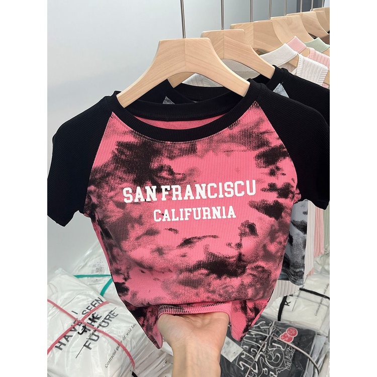 Red Gaya Amerika yang unik retro gaya Hong Kong chic manis gadis panas pendek dasi-pewarna top rasa desain ceruk lengan pendek t-shirt wanita musim panas