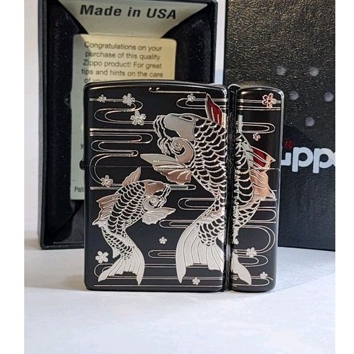 Zippo Original Twin Koi Fish Black and Silver 2 sisi Japan