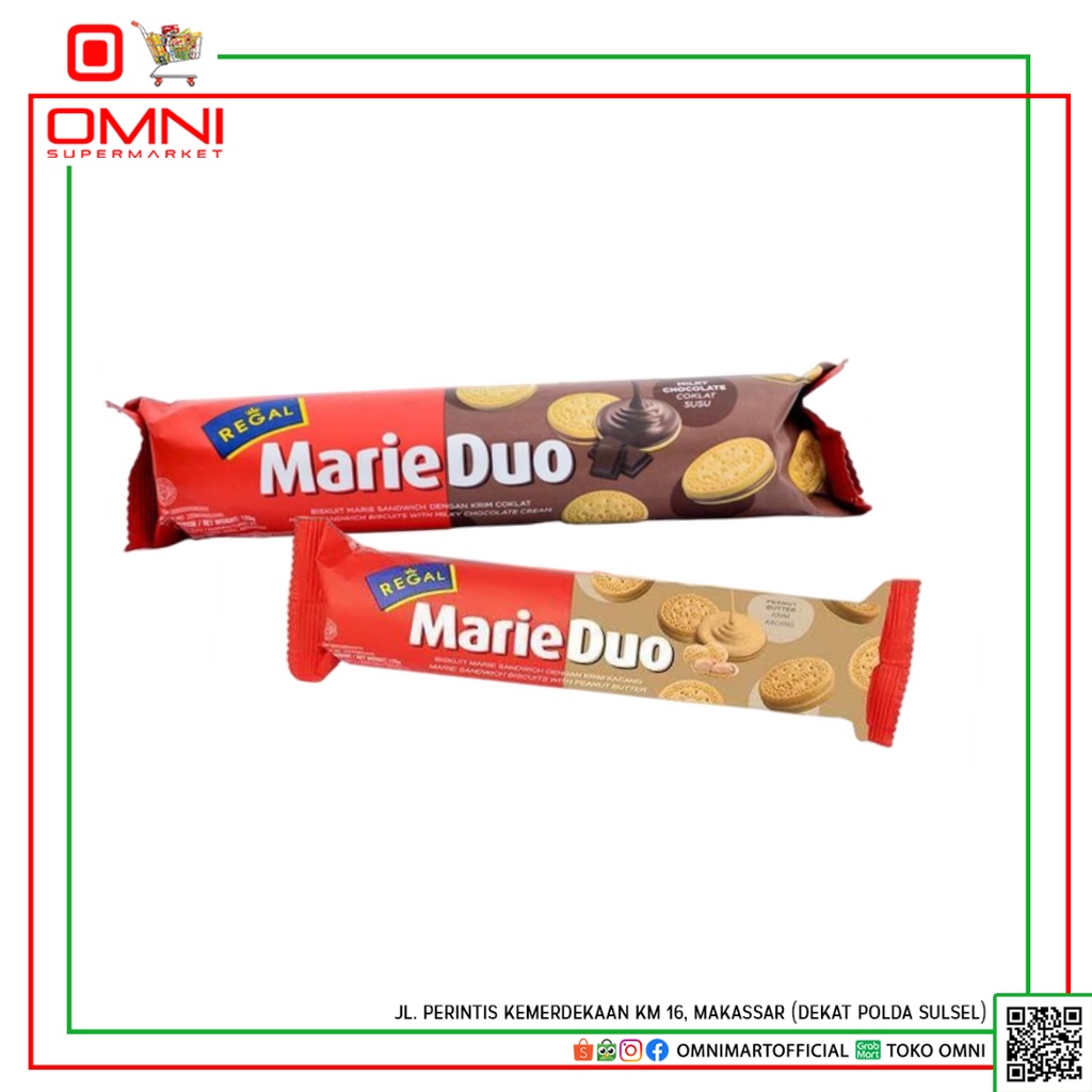 

BISKUIT REGAL MARIE COOKIES DUO COKLAT SUSU DUO PEANUT KACANG 100g