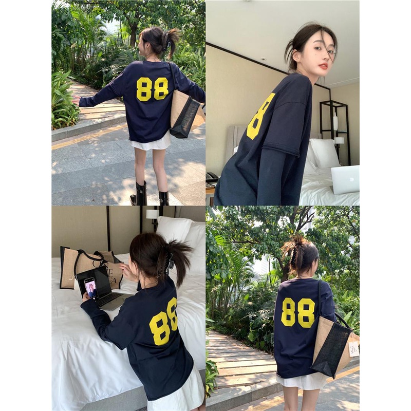 08#Tembakan Nyata Hemat Biaya Merasa Longgar Dua Buah Palsu Berjumbai Lengan PanjangTT-shirt