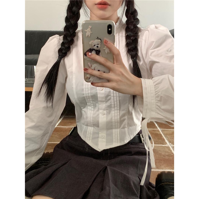 08#Real Shot Hemat Biaya Rasa Gaya Kuliah Rompi Rajutan Busur+Kemeja Lengan Puff Tali