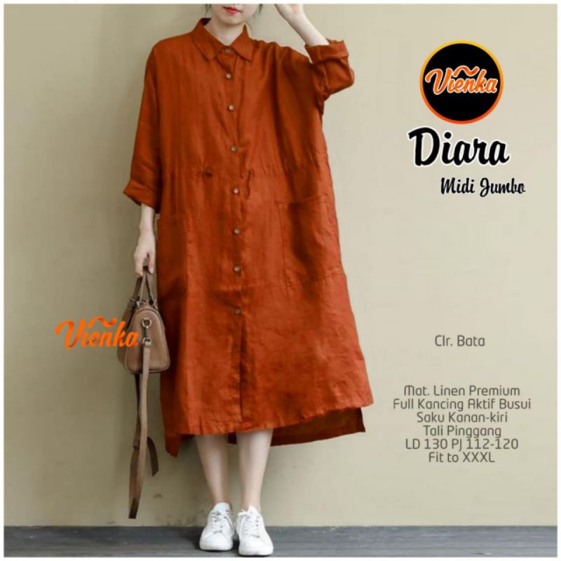 DIARA Midi Dress Linen Premium LD 130 Jumbo XXXL Full Kancing Aktif