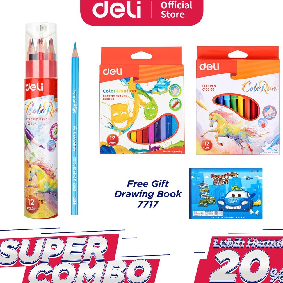 

TERMURAH Deli Combo Set 3 - Crayon + Felt Pen + Pensil Warna Serba 12 Warna Gratis Buku Gambar