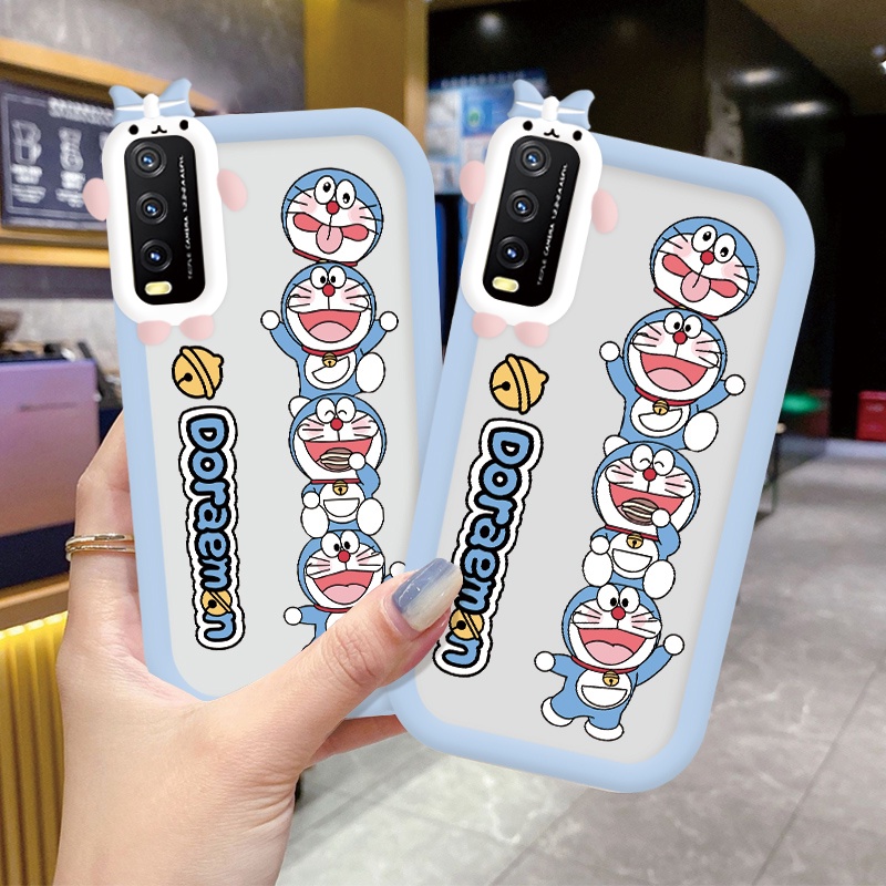 3D Casing Kartun Ponsel untuk VIVO Y20SG Y17 Y112019 Y19 Y91 Y212021 Y50 Y12 Y15S Y16 Y21A Y21S Y21T Y22S Y30I Y33S Y35 Y55 Y75 5G Y512020 Y51A2021 Y53S4G V23E V25E 5G S1 Case Telepon Kamera Kreatif Casing Transparan Cover Happy Doraemon