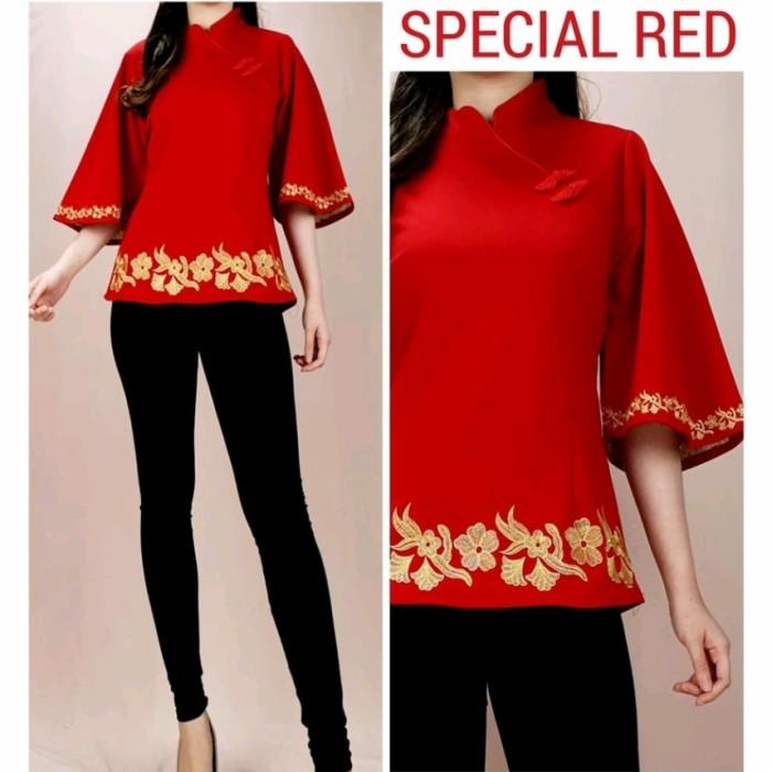 Terlaris Atasan Blouse Cheongsam Qipao Wanita Elegant Red Blossom Gold Nn