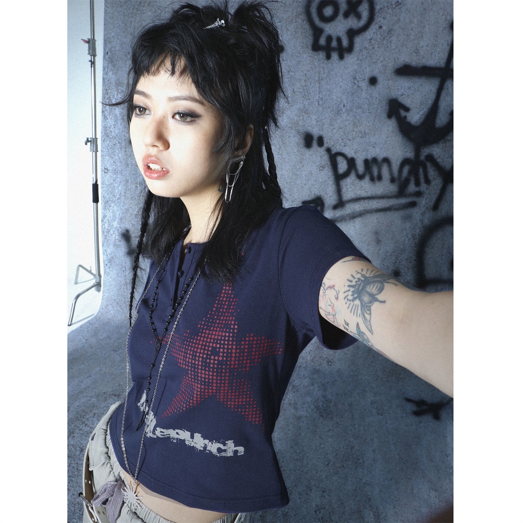 Red Retro Gadis Seksi Cetak Lengan Pendek T-shirt Musim Panas Baru Jepang Manis Gadis Keren Slim Fit All-Match Pendek top Tide Ins