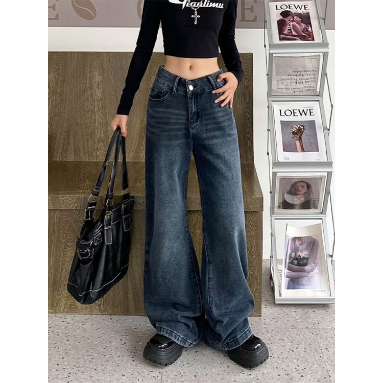 Red Gaya Hong Kong retro jeans lurus vintage wanita gaya Amerika pinggang tinggi gaya chic celana mengepel celana lebar kaki trendi in