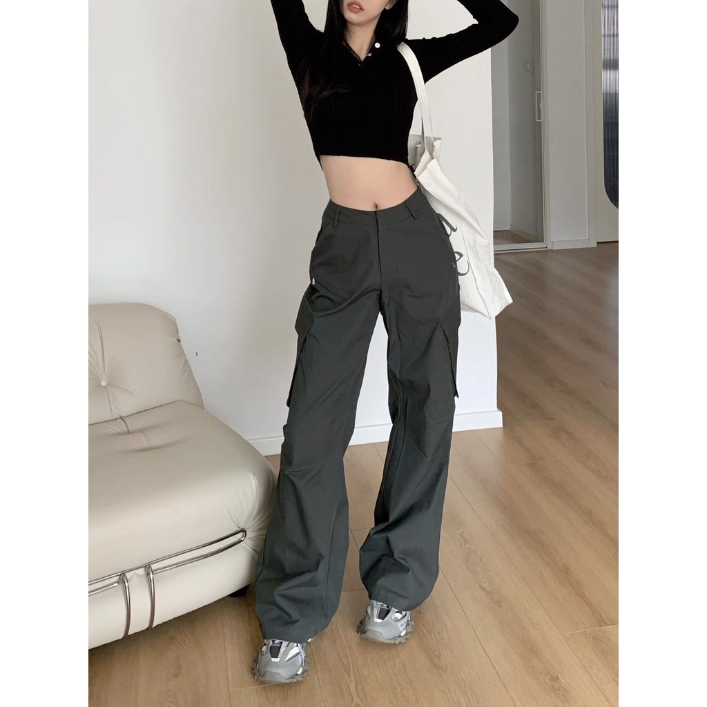 Red Celana manis Amerika ukuran besar pinggang tinggi lurus overall wanita musim panas high street longgar all-match kasual celana pel lebar kaki