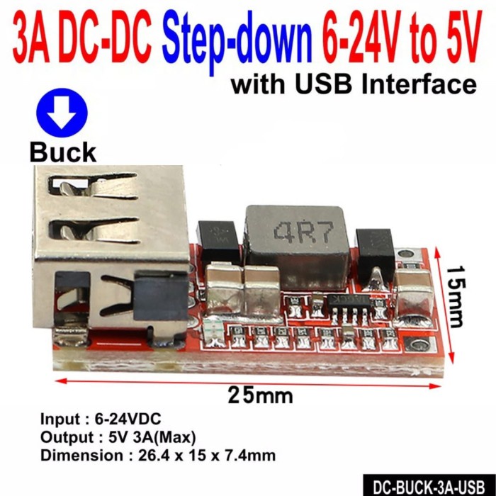 Modul USB Step Down Charger HP Motor Mobil Aki 6-24V 24V 12V To 5V 3A