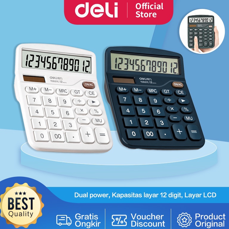 

Model Keren.. Deli Desktop Calculator / Kalkulator Meja 12 Digit Dual Power Layar LCD TE837C 7EM
