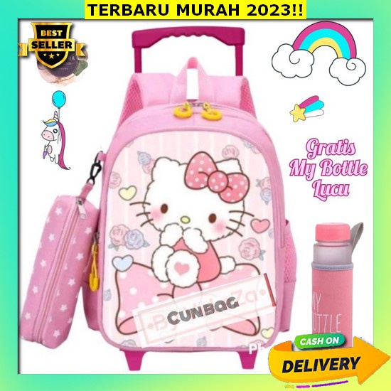 Tas Troli Anak Perempuan Set Botol Minum Travel Ransel Troli Troley Dorong Sekolah Backpack Roda Tk 