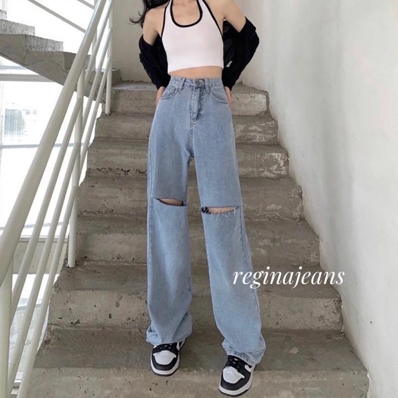 EBR029 KAREA jeans - kulot boyfriend snow blue custom ripped knee celana boyfriend lebar bawah sobek