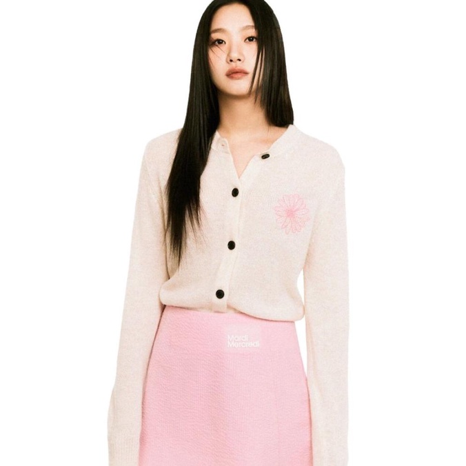 MARDI MERCREDI Mohair Cardigan Round Neck Ivory Pink