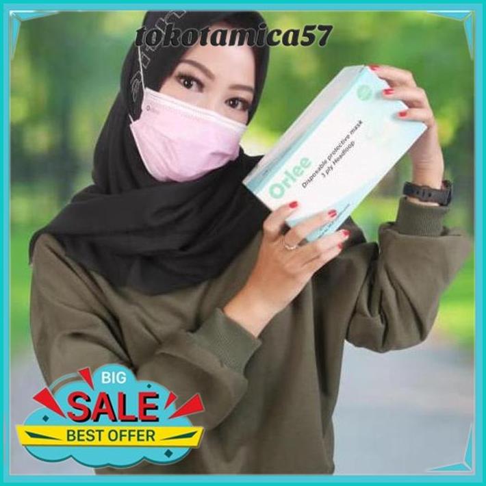 MASKER 3 PLY 3PLY HEADLOOP HIJAB ORLEE ORIGINAL KEMENKES PINK ISI 50 ONGKIR NOL