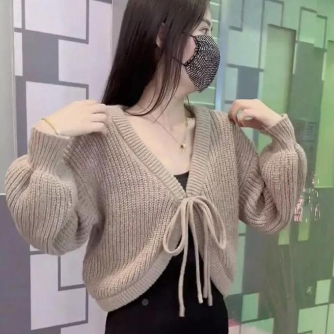 Baju rajut wanita korea korean style warna cream tali depan cardigan