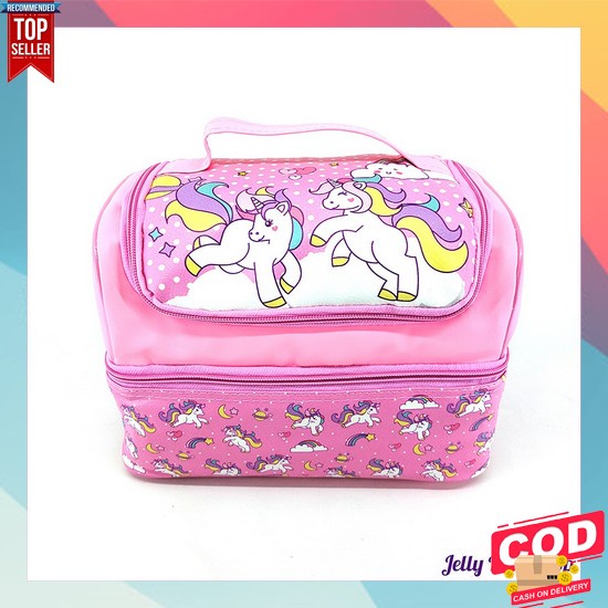 Tas Bekal Makan Anak / Lunch Box Set /Kotak Bekal Lengkap Tas Susun Medium Unicorn Pink Kj/Tas Slemp