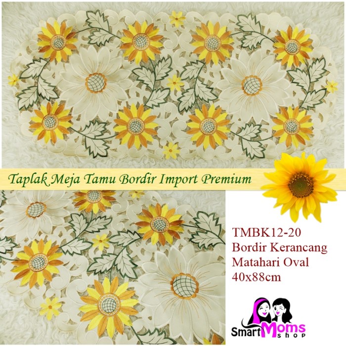 Taplak Meja Tamu Bordir /Taplak Bordir Shabby Chic Oval Matahari Krem