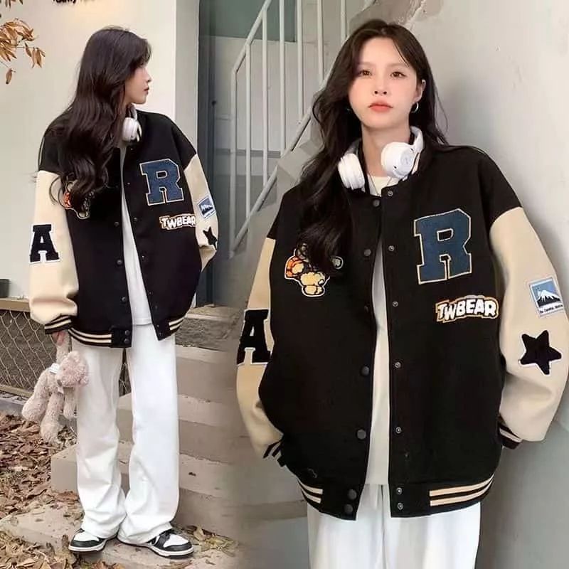 R TW BEAR BASEBALL JACKET VARSITY KOREAN STYLE OUTERWEAR REMAJA UNISEX WANITA PRIA | JAKET VARSITY BASEBALL HURUF INISIAL R OVERSIZE