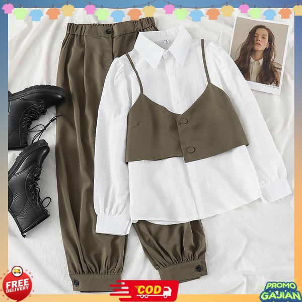 Pakaian Lebaran Korean Style Games Ibu Elegan Mewah Jumbo Oneset Wanita Terbaru 2023 2In1 Midi / Kao