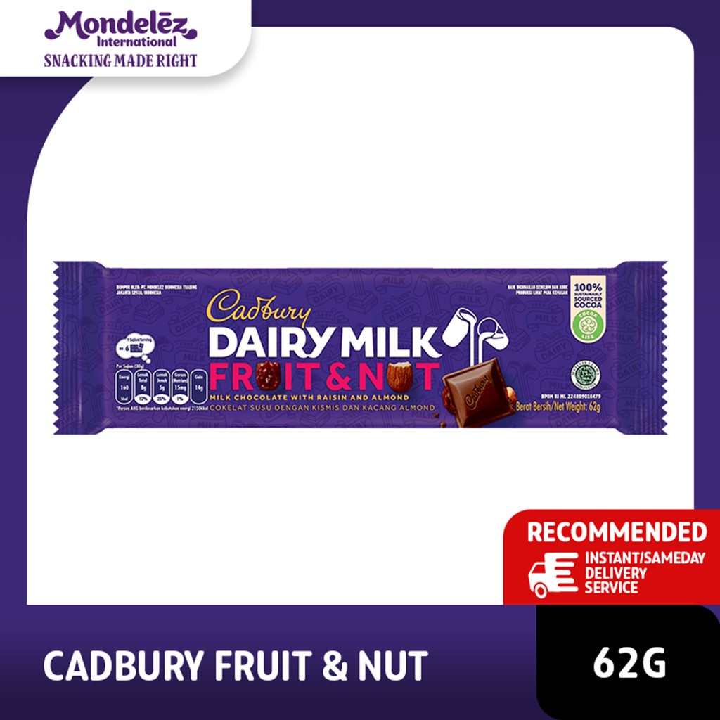 

Cadbury Dairy Milk Chocolate Fruit & Nut Regular 62g, coklat dan susu yang lembut